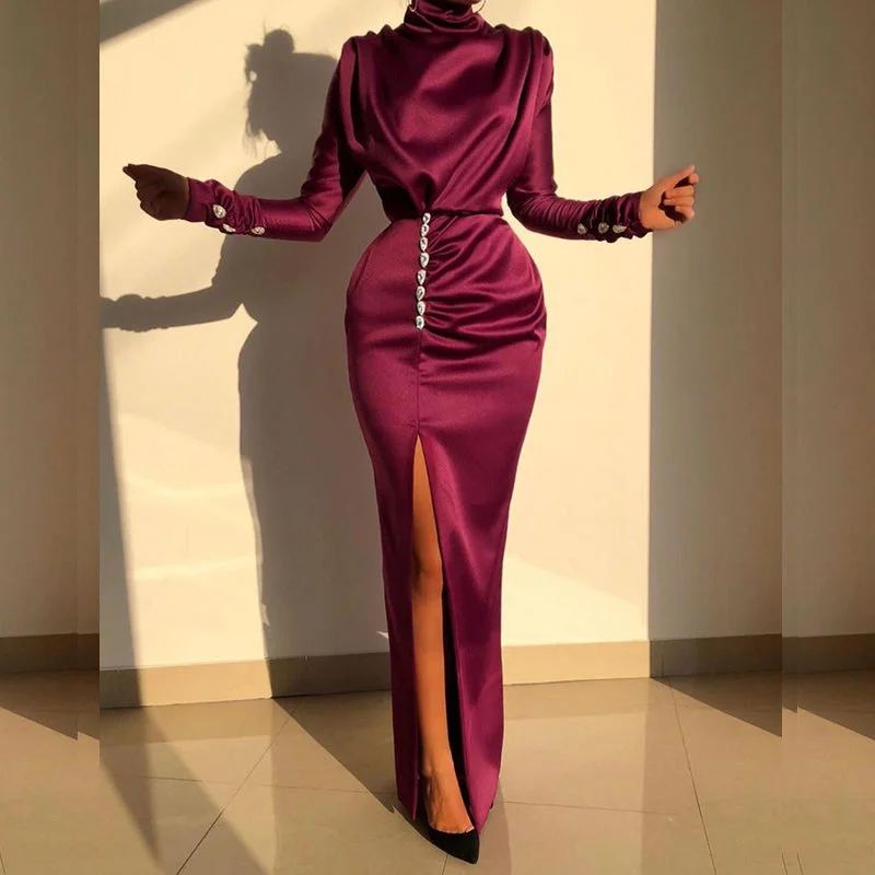 ready-to-wear prom dressesElegant Mermaid Purple Long-sleeve High Neck Side Slit Prom Dresses, PD1952