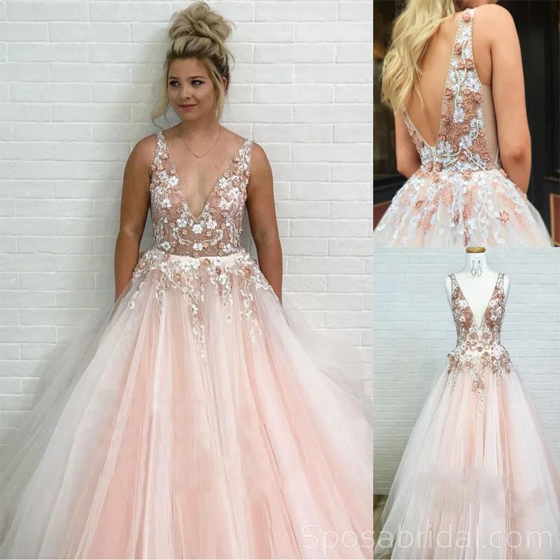 metallic prom dressesCharming Modest Pretty Tulle V-Neck Princess Pink Long Prom Dresses with Appliques, PD1380