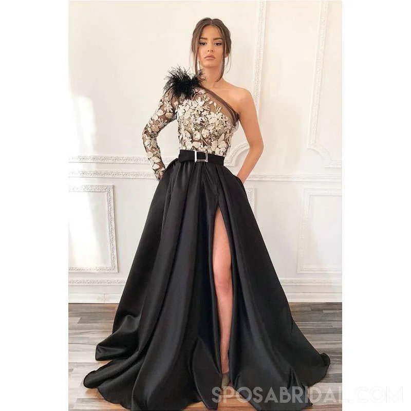 plus-size prom dressesCharming One Shoulder A-line Uniqe Design Black Satin Side Split Prom Dresses with Appliques, PD1151