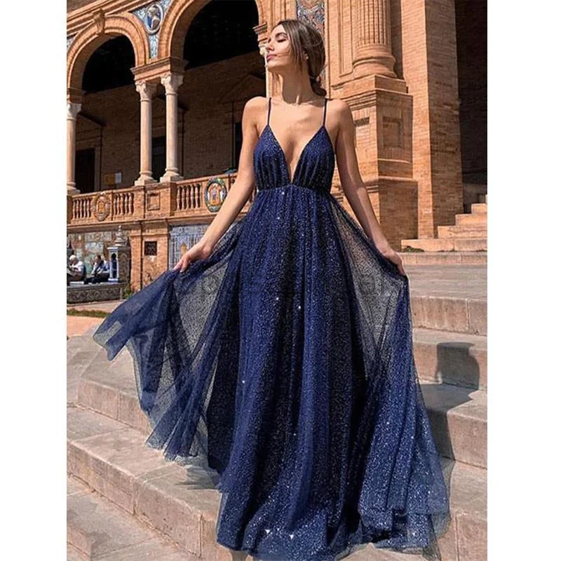 silk prom dressesCheap Saghetti Straps Navy Blue V-neck Sequin A-line Long Fashion Prom Dresses PD1447