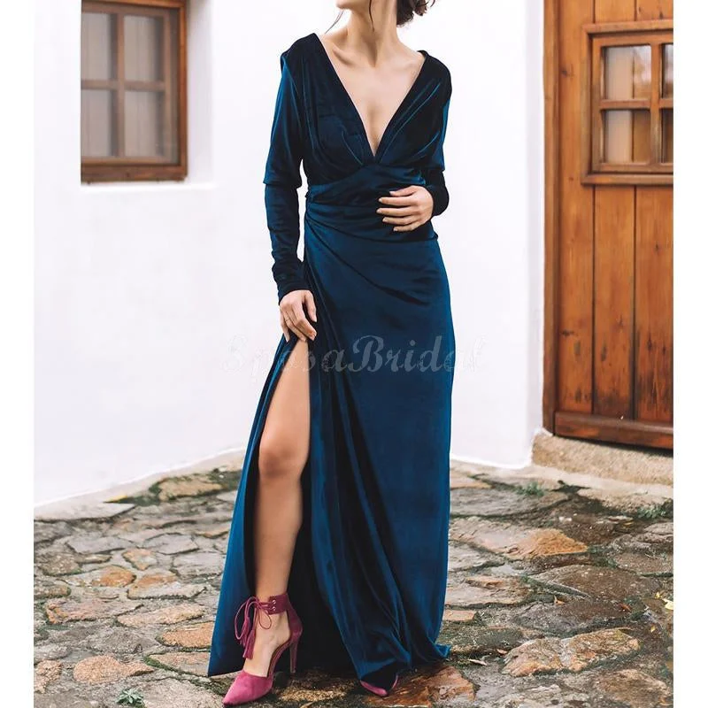 mid-length prom dressesCheap Simple Elegant Long Sleeves Velvet Soft Side Slit Long Prom Dresses PD1425