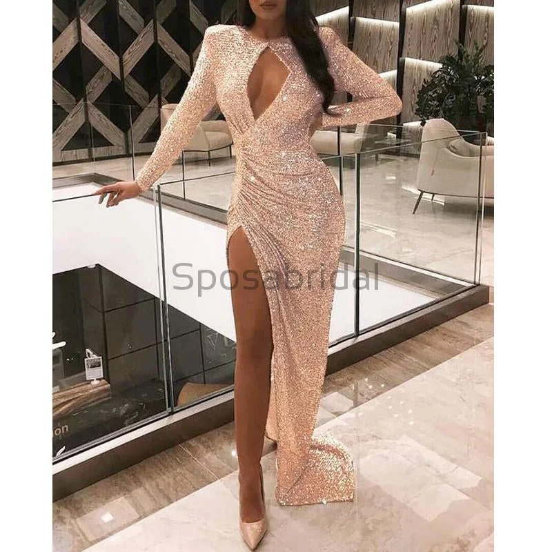 prom dress cleaningCheap Sparkly Sequin Long Sleeves Unique Design Side Slit Long Modest Prom Dresses PD1589