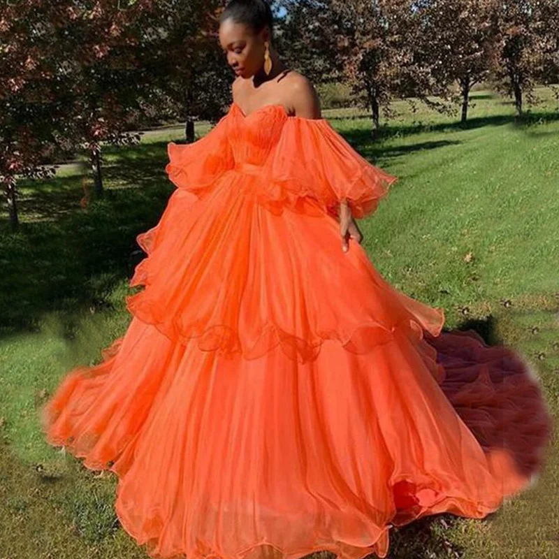 custom prom dressesOrange Sweetheart Off-shoulder Bubble Organza A-line Prom Dress, PD3085