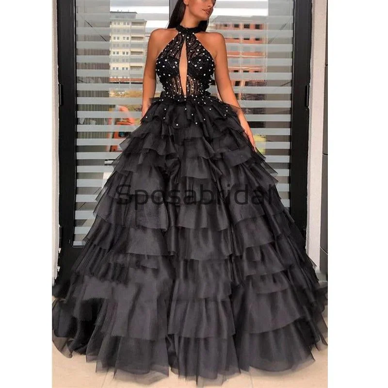 empire waist prom dressesCustom Black A-line High Neck Elegant Formal Modest Prom Dresses, Ball Gwon PD1873