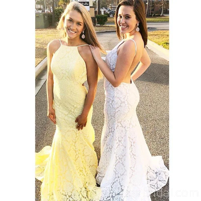 backless prom dressesCustom Mermaid Yellow Open Bck Spaghetti Straps lace Long Prom Dresses, PD1355