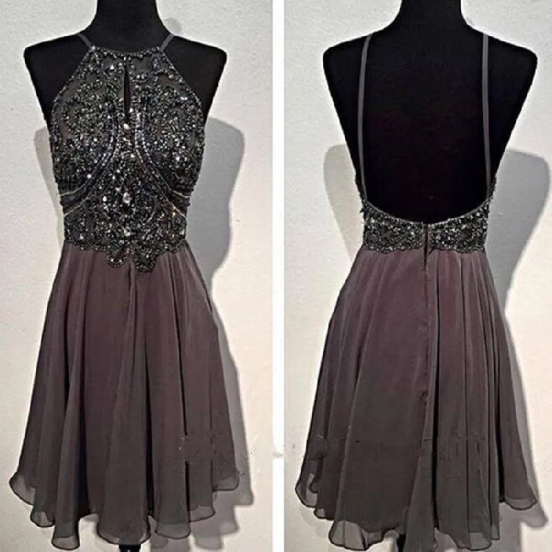 mid-length prom dressesDark grey sparkly special vintage open back sexy popular homecoming prom dress,BD0049