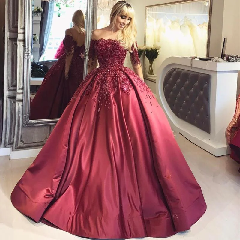 plus-size prom dressesDark Red Lace Long Sleeve Prom Dress,Off-the-Shoulder Formal Prom Dress, PD0862