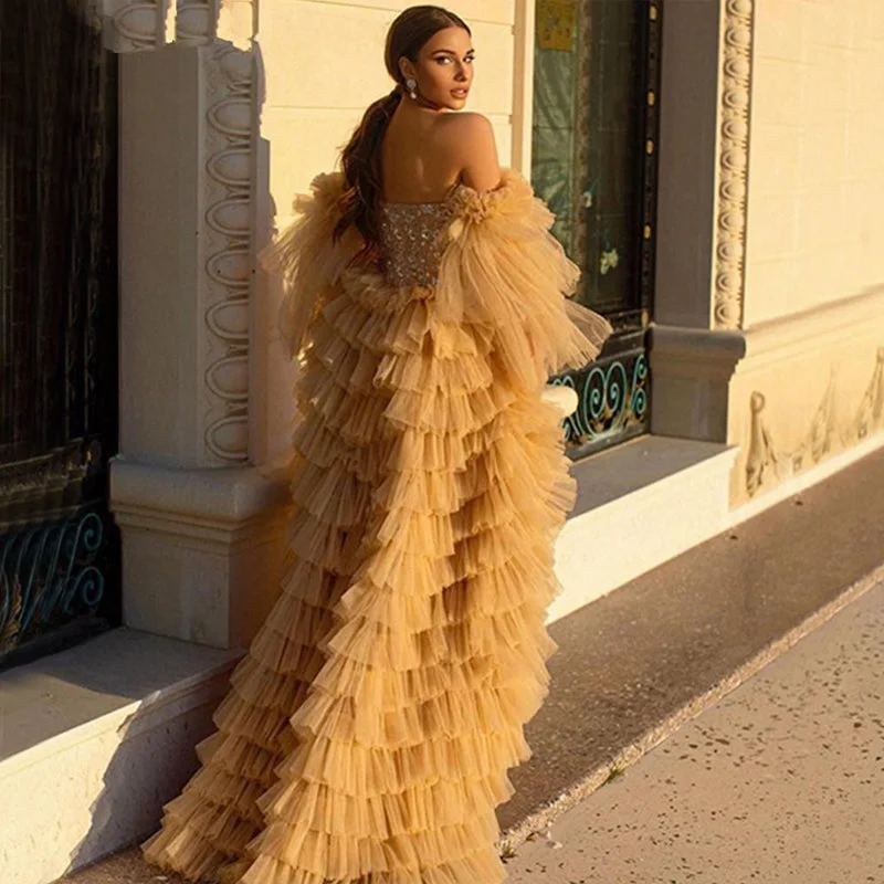 mid-length prom dressesSexy Sweetheart Chamagne Off-shoulder Asymetric Tulle Long Train Prom Dress, PD3229