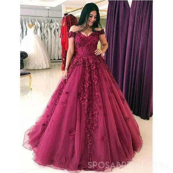 bodycon prom dressesElegant Ball Gown,Quinceanera Tulle  Elegant Appliques Off the Shoulder Prom Dresses, PD1087