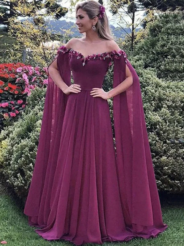 long prom dressesElegant Mulberry Purple Off-shoulder Long Flowy Sleeve A-line Prom Dress, PD3135