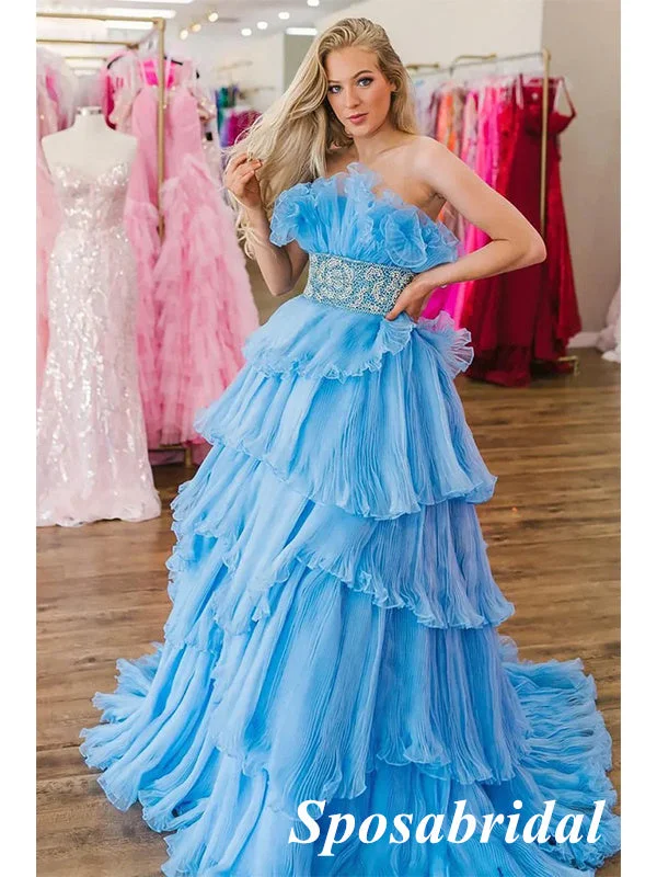 tulle prom dressesElegant Blue Tulle Sweetheart  A-Line Long Prom Dresses With Applique, PD3818