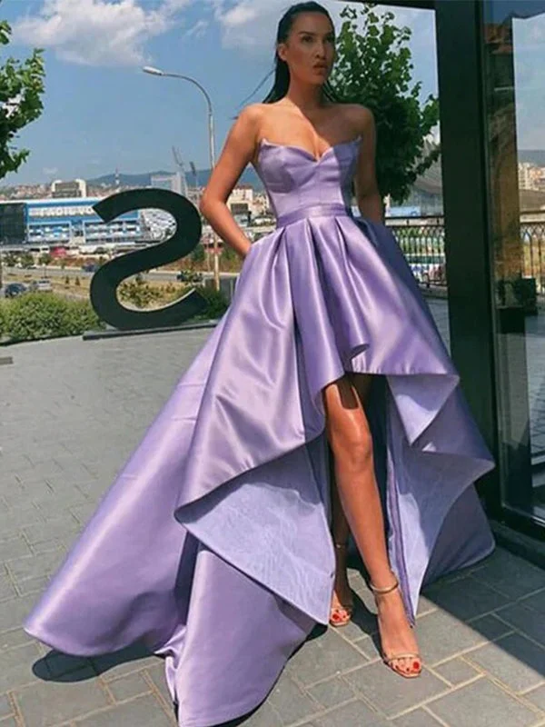 chiffon prom dressesElegant Lilac Lavender Strapless A-line High-low Prom Dress, BD3145