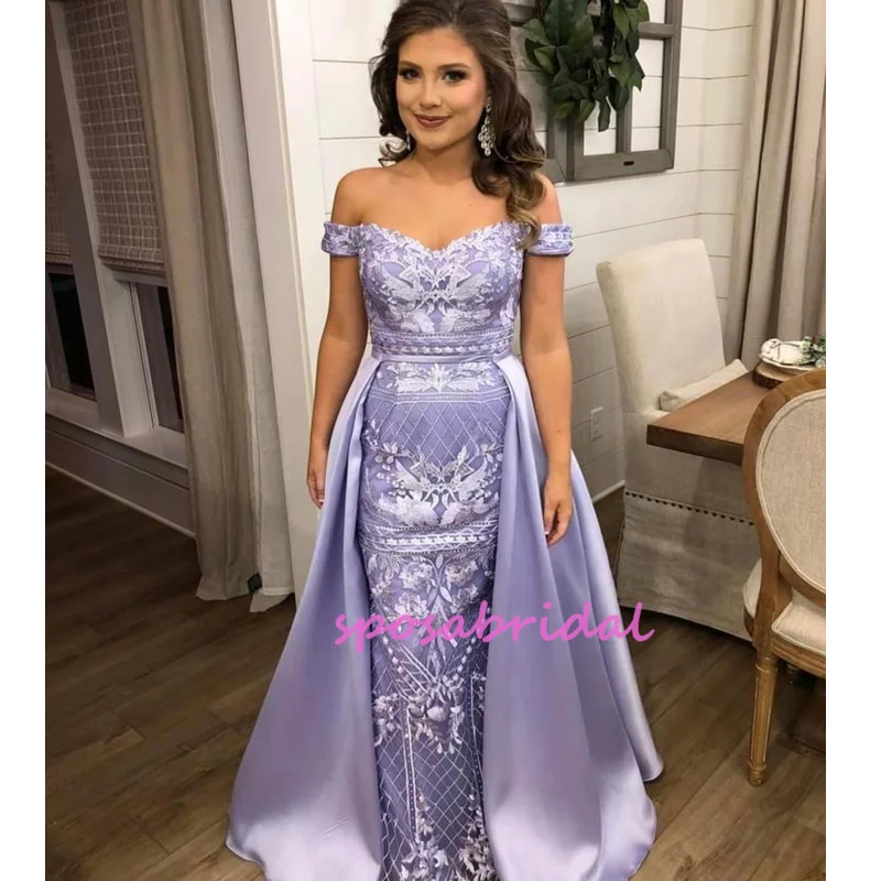 prom dresses with lace appliquésElegant Off- The-shoulder Detachable Train Applique A-line Prom Dress, PD3005