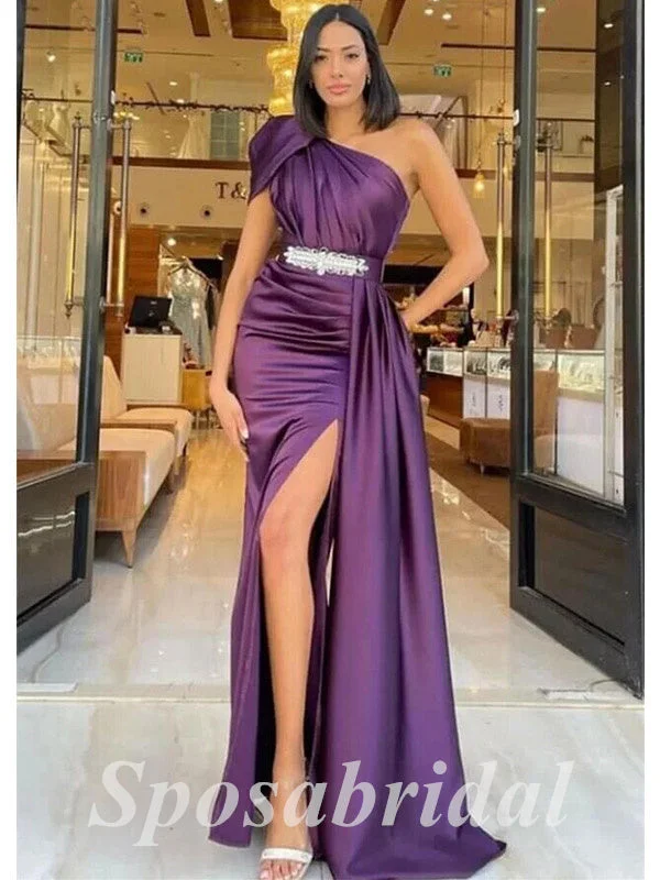 affordable prom dressesElegant Satin One Shoulder Sleeveless Side Slit Mermaid Long Prom Dresses With Belt And Trailing, PD3619