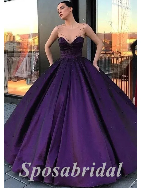 ball gown prom dressesElegant Satin Spaghetti Straps V-Neck A-Line Long Prom Dresses, PD3616