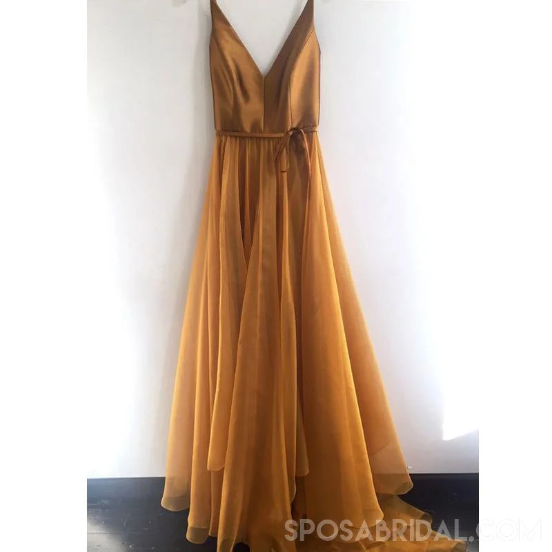 long prom dressesElegant Soft  Yellow Spaghetti Straps A-line Chiffon Long Deep V Neck  Prom Dresses, PD1110