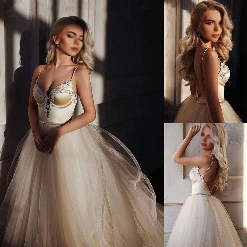 prom dresses with built-in petticoatsElegant Champagne Sweetheart Spaghetti Strap Tulle A-line Long Gown Prom Dress, PD3036