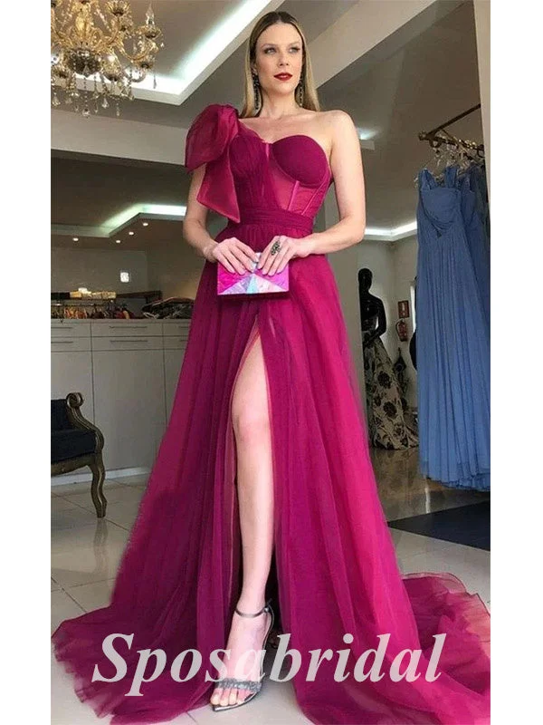 prom dress alterationsElegant Tulle One Shoulder sleeveless Bone Side Slit A-Line Long Prom Dresses,PD3640