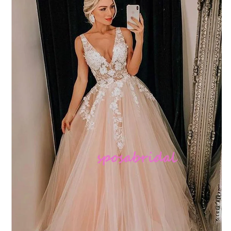 prom dresses with floral embroideryElegant V-neck Tulle Lace Embroidy Floor-length Prom Dress, PD3006