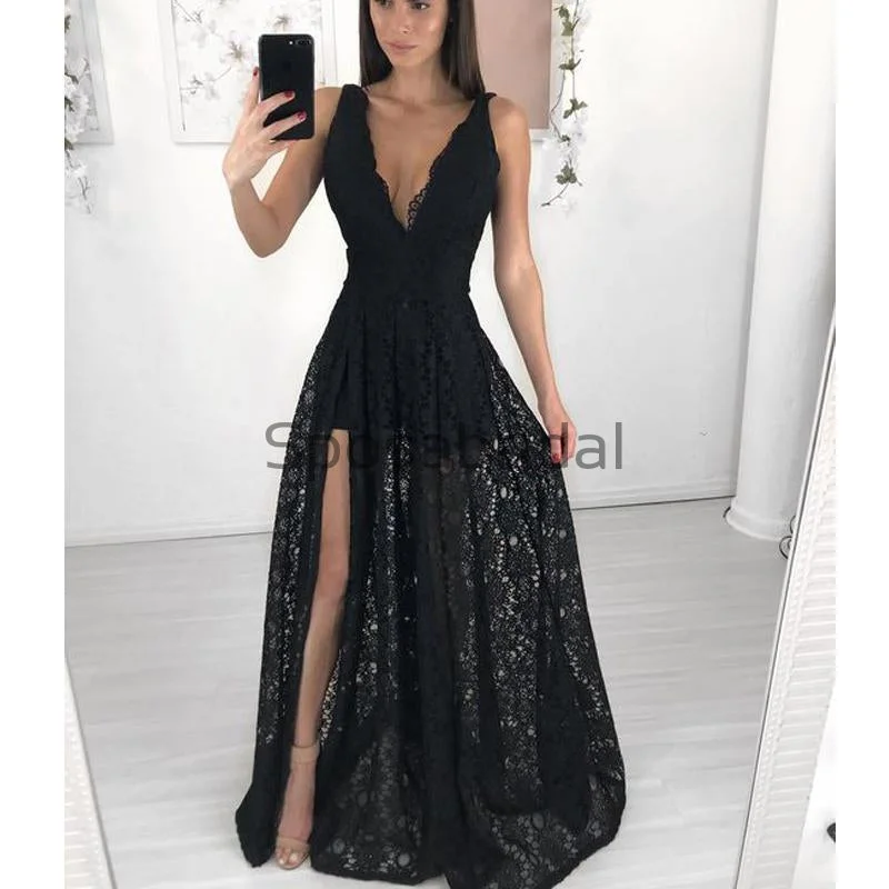 silk prom dressesFashion Black Lace V-Neck Unqiue A-line Prom Dresses PD2220