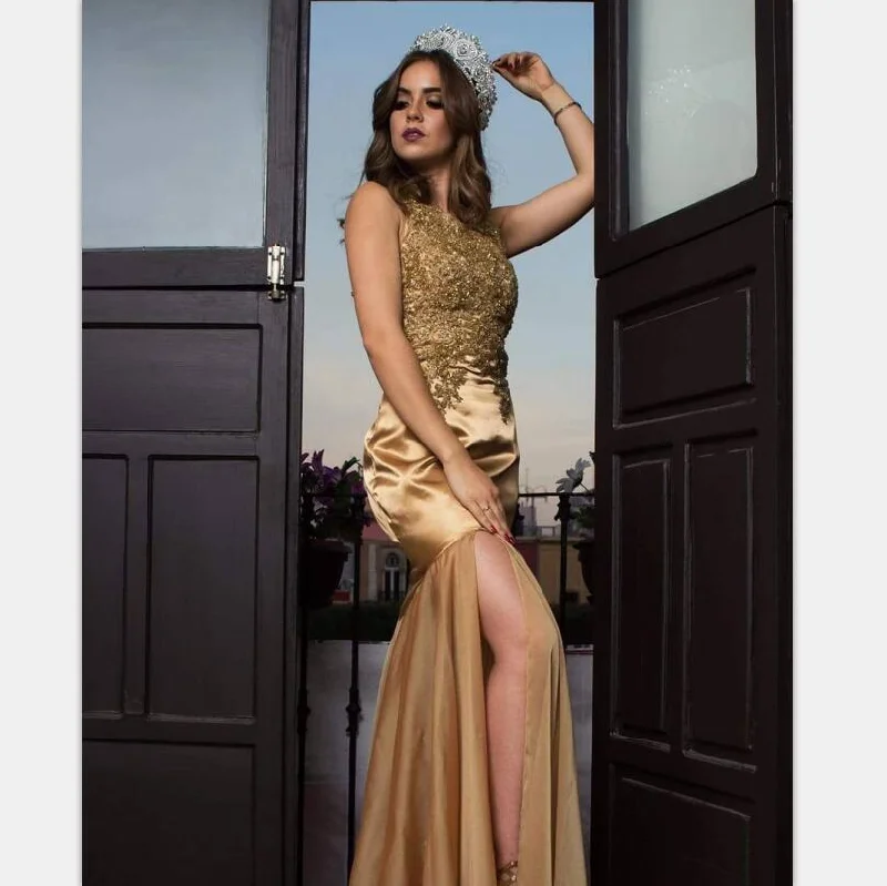 backless prom dressesGold Unique Side Split Elegant Modest Prom Dresses with lace appliques, PD0894