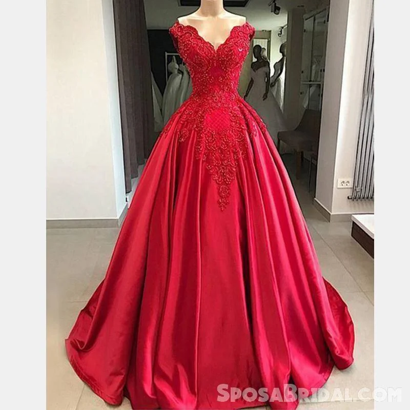 sleeveless prom dressesGorgeous Red lace Satin Ball Gown，Modest High Quality Long Prom Dresses with beading,PD1290