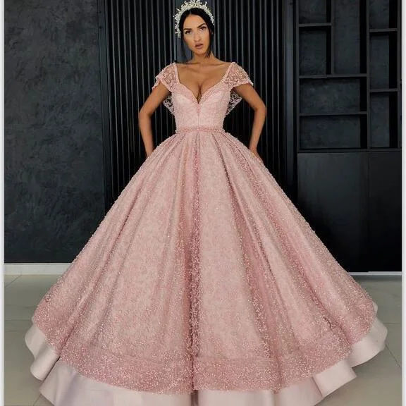 A-line prom dressesGorgeous Stunning Pink A-line Cap Sleeves  Custm Elegant Prom Dresses, PD0974