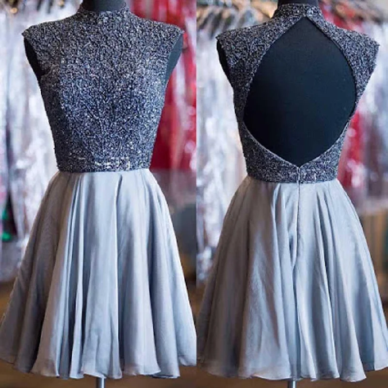 prom dress inspiration galleriesGrey beads sparkly high neck open back vintage elegant homecoming prom dress,BD0034