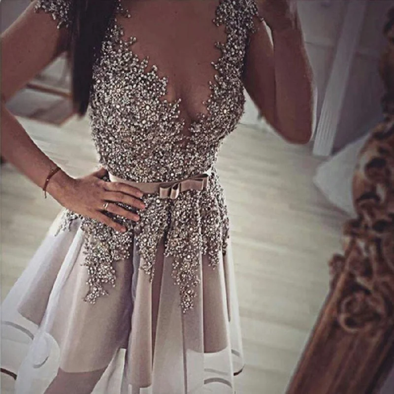 lace prom dressesGrey gorgeous v-neck sexy unique formal homecoming prom gown dress,BD0041