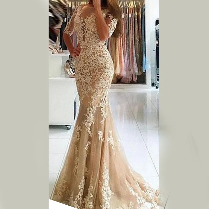 floral prom dressesHalf-sleeve Lace Appliques Mermaid Sexy Long Prom Dress, PD3083