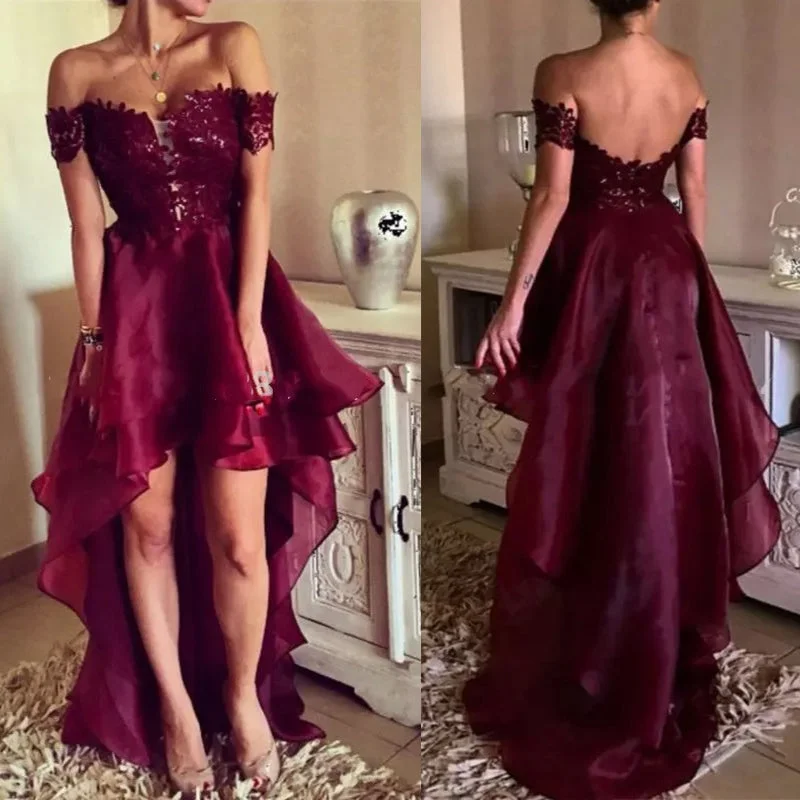 petite prom dressesHigh-low Prom Dress,Asymmetrical Prom Dresses, Appliques Lace Backless Prom Dresses , PD0773