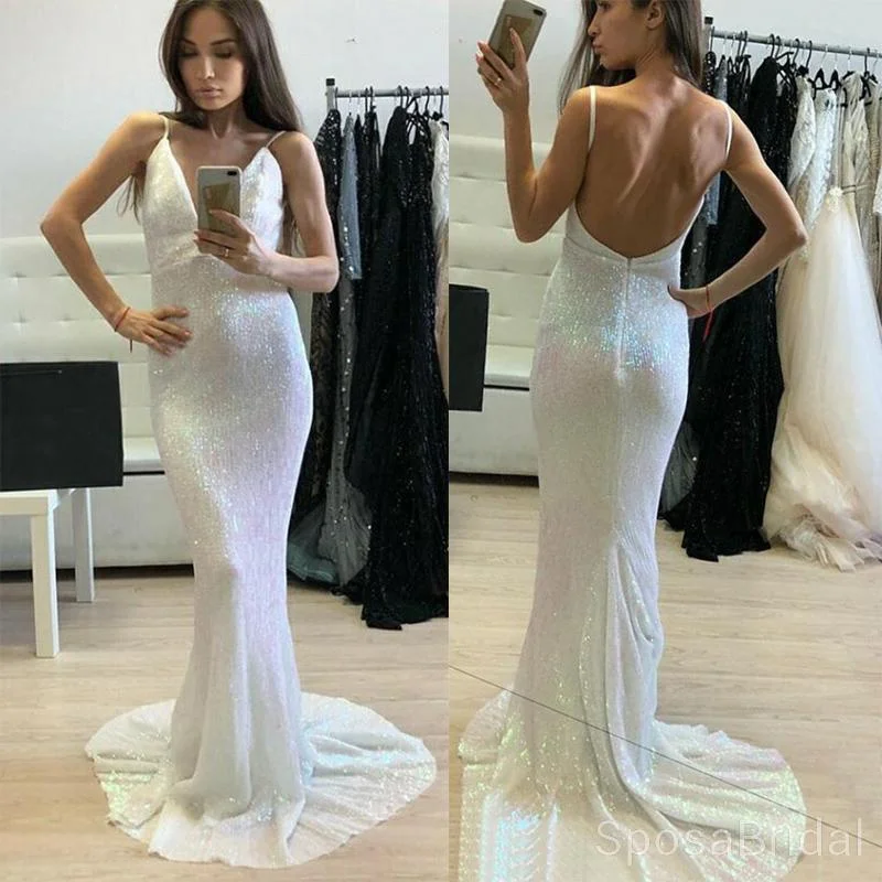 prom dresses for fallLong Ivory Sparkly ELegant Formal Sheath V-Neck Backless Sweep Train Sequined Prom Dresses, PD1274