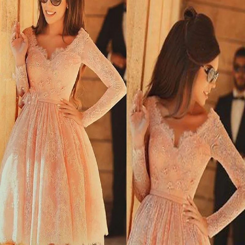 empire waist prom dressesLong sleeve pink lace knee-length v-neck charming homecoming prom gown dress,BD0018