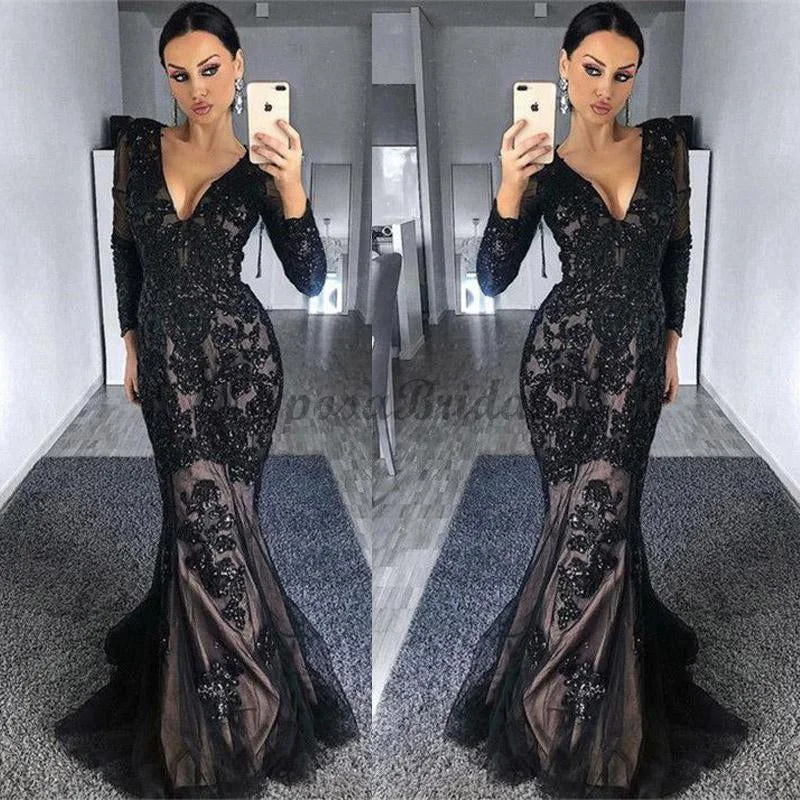 tulle prom dressesLong Sleeves Black Mermaid Modest Elegant High Quality Long Prom Dresses PD1439