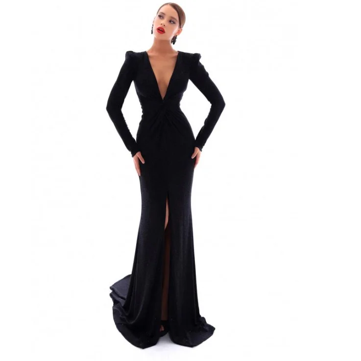 lace-up prom dressesLong Sleeves Sheath Black Mermaid Deep V neck Side Slit Modest Prom Dresses,PD1352