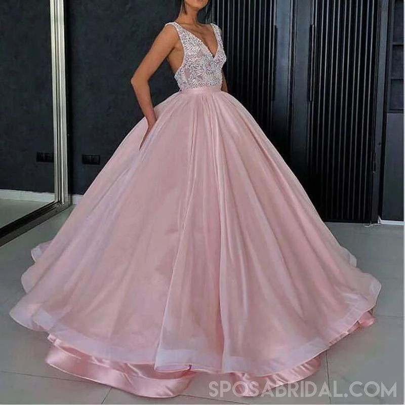 sweetheart neckline prom dressesLong V-Neck Pink Elegant Formal Gorgeous Beautiful Prom Dresses, PD1084