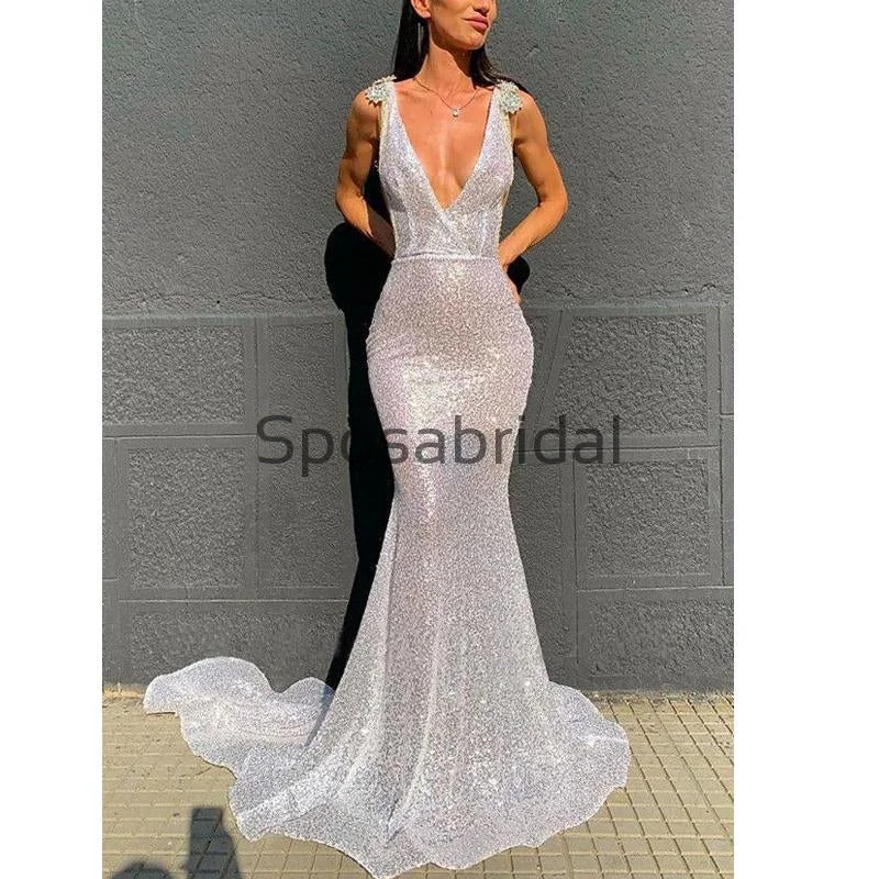 chiffon prom dressesMermaid Silver V-Neck Simple Modest Prom Dresses PD2269