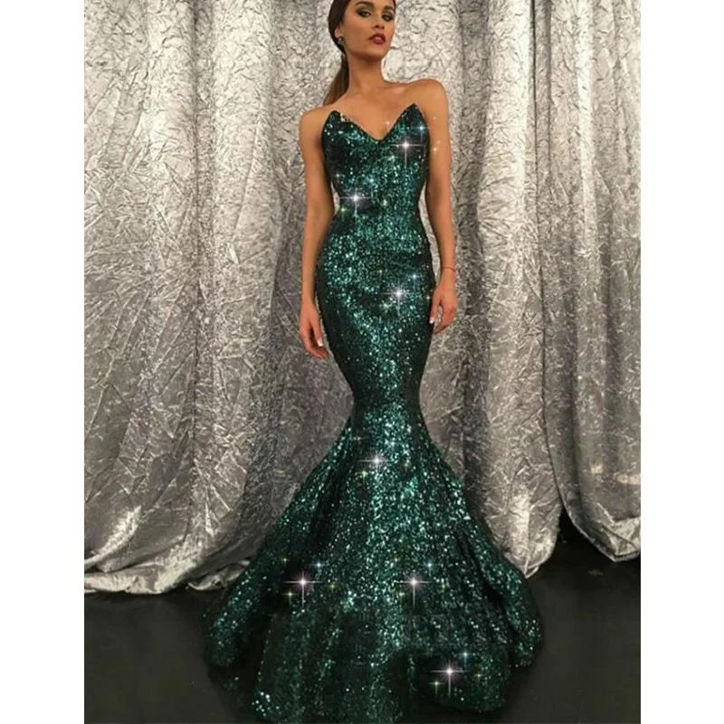 prom dress color trendsMermaid Sweetheart Sweep Train Green Sequined Sparkly Stunning Long Prom Dresses, PD1239