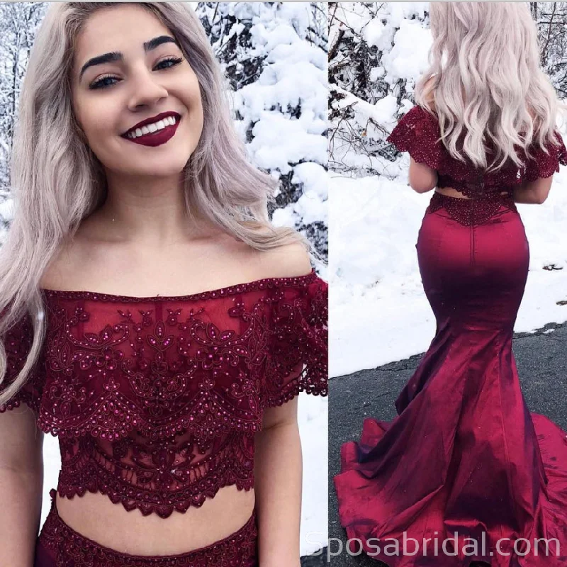 two-piece prom dressesModest Charming Eleagnt Two Piece Off the Shoulder Mermaid Burgundy Long Prom Dresses, PD1358