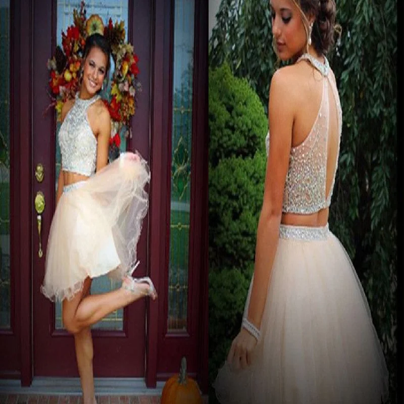 thigh-high slit prom dressesNew arrival two pieces open back charming  sparkly freshman homecoming prom dress,BD0081