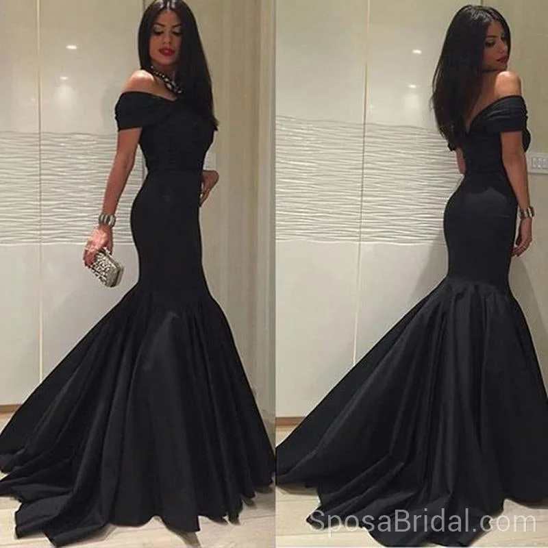 prom dresses with illusion panelsOff the Shoulder Mermaid Black Long Sexy Modest Simple Long Prom Dresses, PD1297