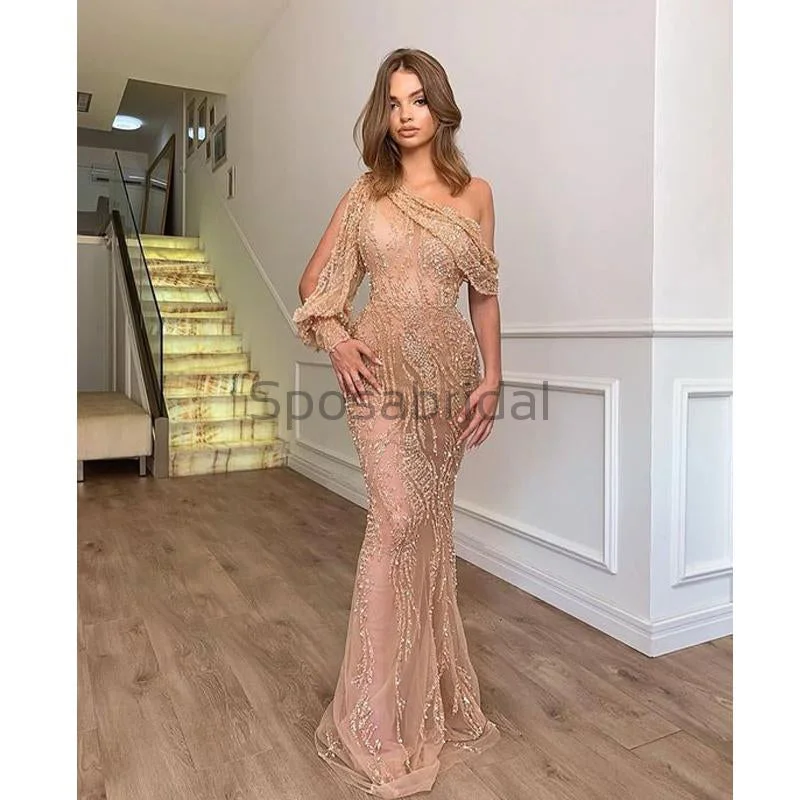 prom dresses for winterOne Shoulder Mermaid Bead See-through Long Modest Formal Prom Dresses PD1597