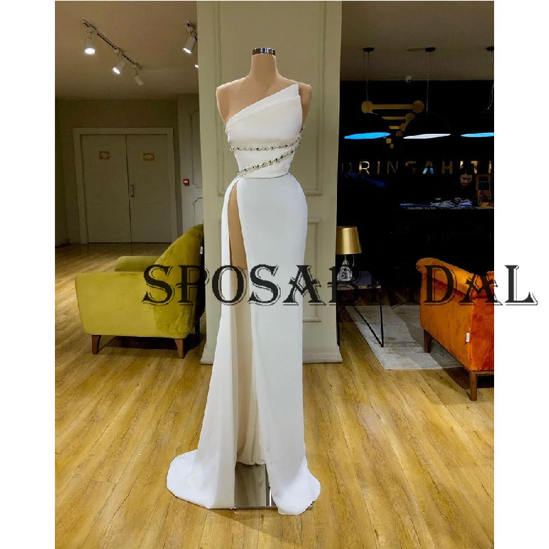 prom dress preservationOne Shoulder Off White Satin Fashion Mermaid Prom Dresses PD2385