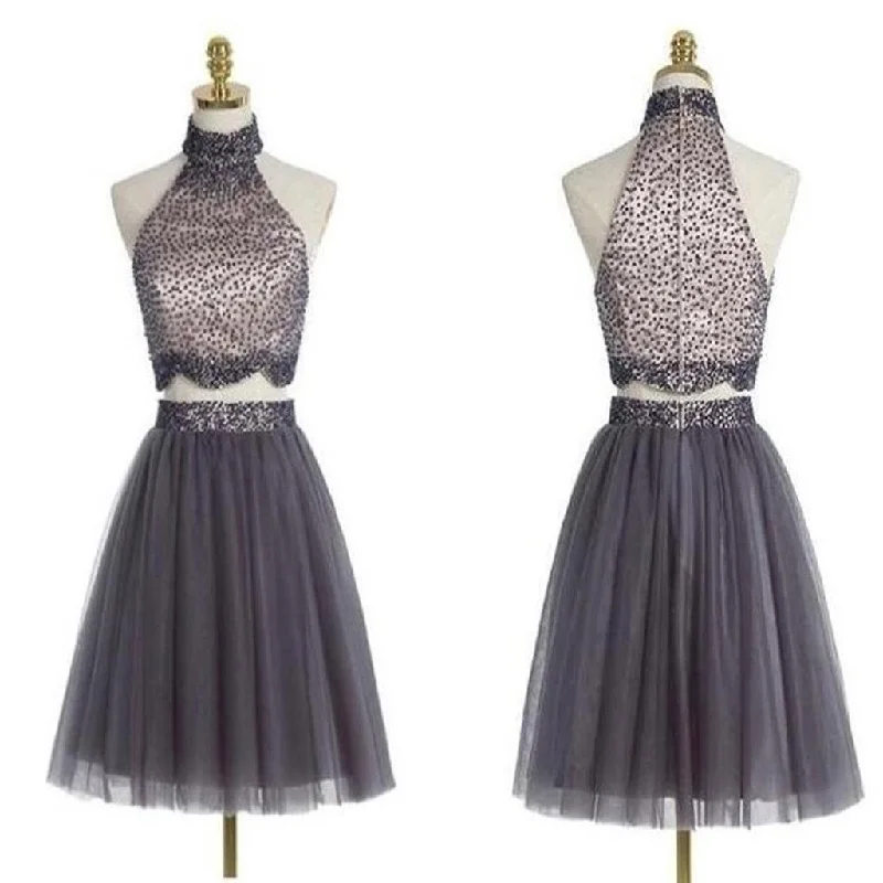 flowy prom dressesPopular grey halter two pieces beaded vintage unique style homecoming prom gowns dress,BD0062