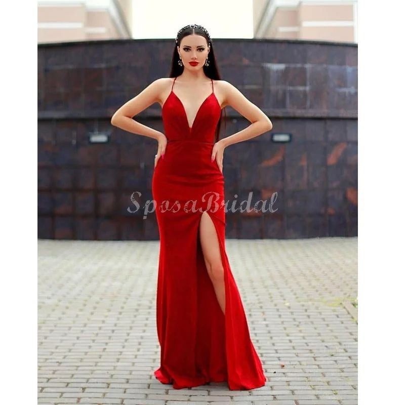 sweetheart neckline prom dressesRed Spaghetti Straps Sideslit Mermaid Modest Long Prom Dresses PD1415