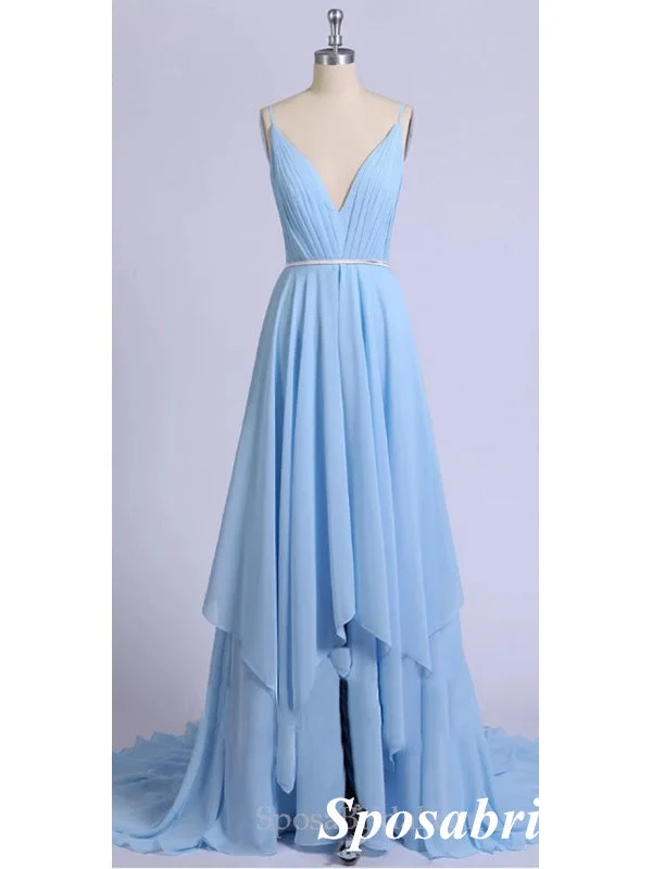 prom dress try-on ideasSexy Blue Chiffon Spaghetti Straps V-Neck Sleeveless A-Line Long Prom Dresses, PD3960