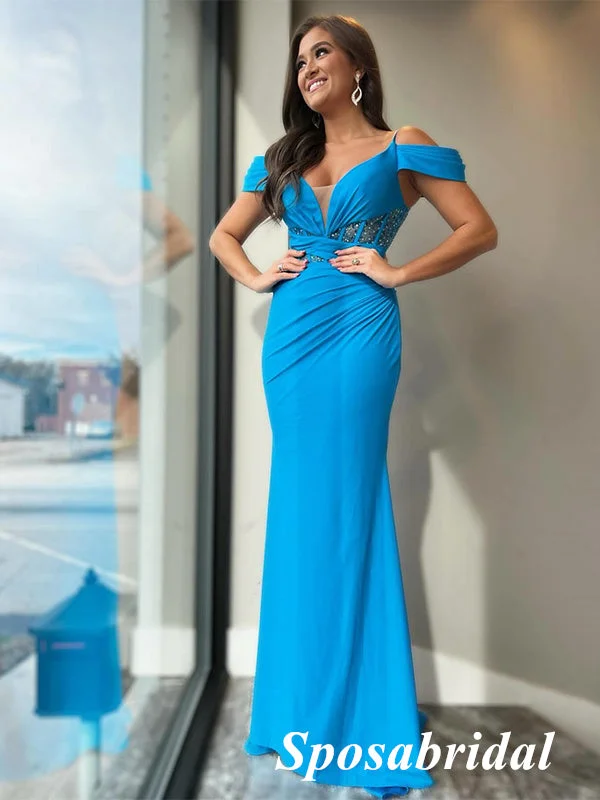 prom dresses with pocketsSexy Blue Cold Shoulder V-Neck Sleeveless Mermaid Long Prom Dresses With Beading, PD3931