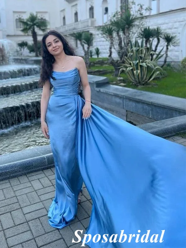 dark prom dressesSexy Blue Soft Satin Sweetheart Mermaid Prom Dresses With Train, PD3862