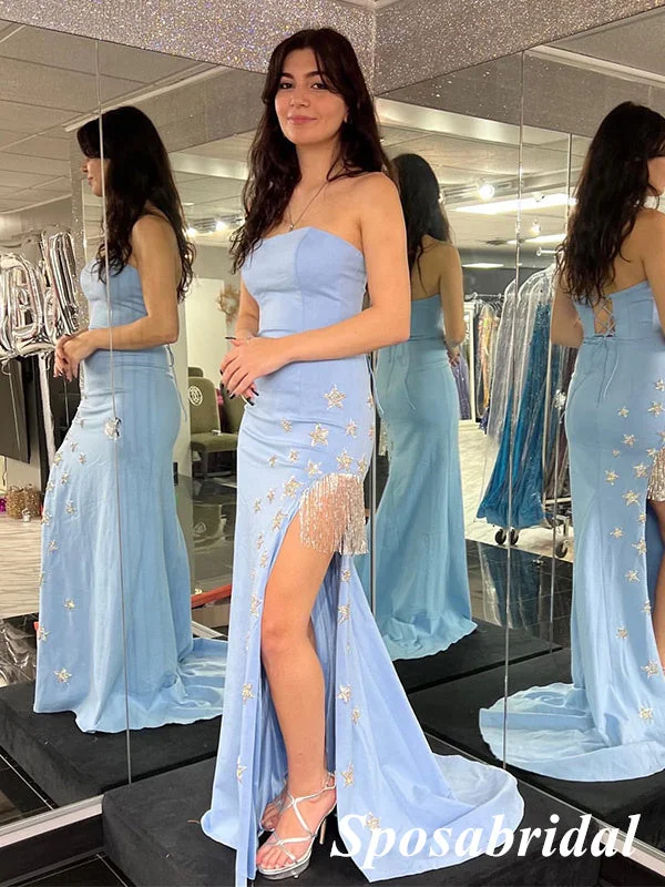 prom dress cleaningSexy Blue Sweetheart Sleeveless Side Slit Mermaid Long Prom Dresses With Applique, PD3948