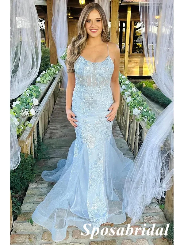 cap sleeve prom dressesSexy Blue Tulle And Lace Spaghetti Straps Lace Up Back Mermaid Long Prom Dresses, PD3827